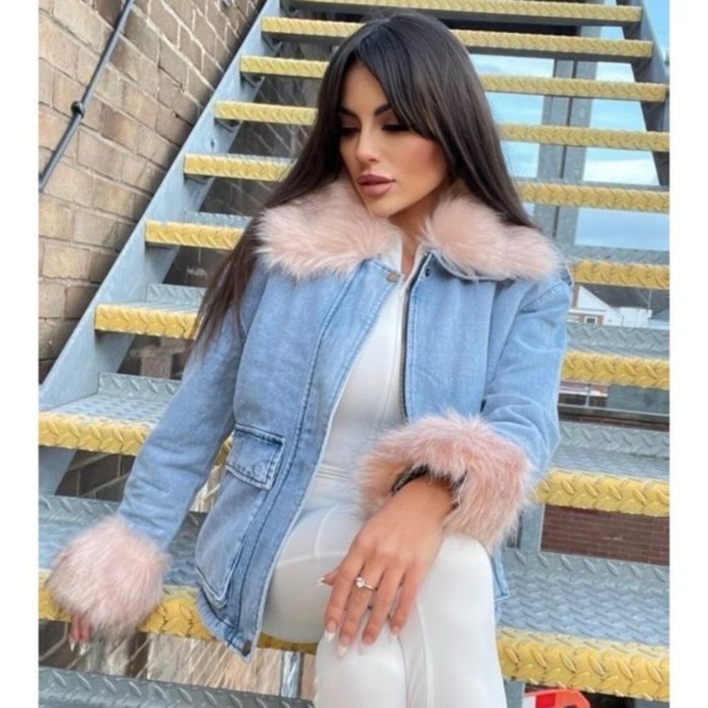 Long Sleeve Shearling Lined Denim Jeans Jacket with Detachable Fur Collar & Cuff - Picture 11 of 13